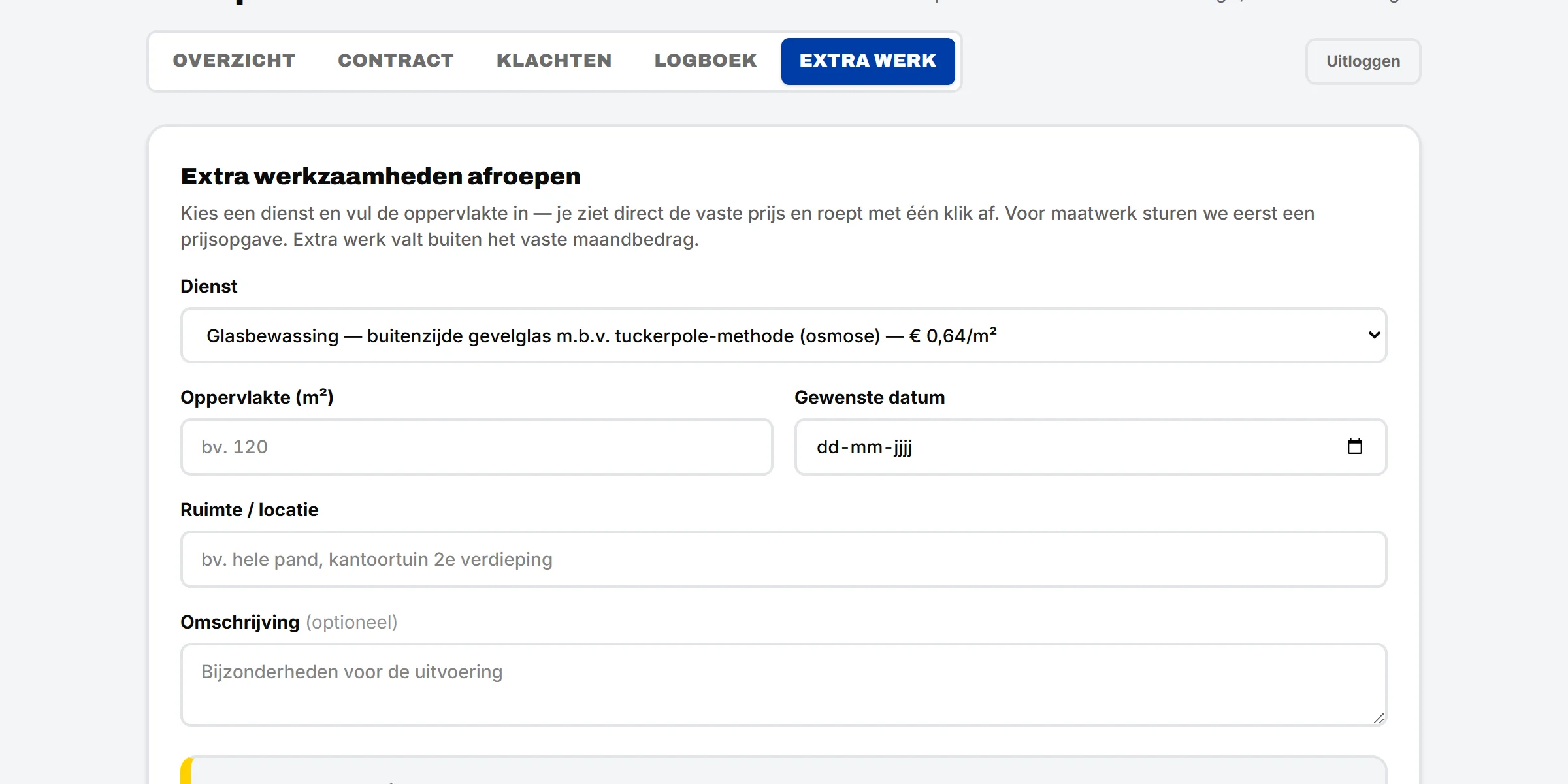 Schermafbeelding van het klantportaal: Extra werk afroepen