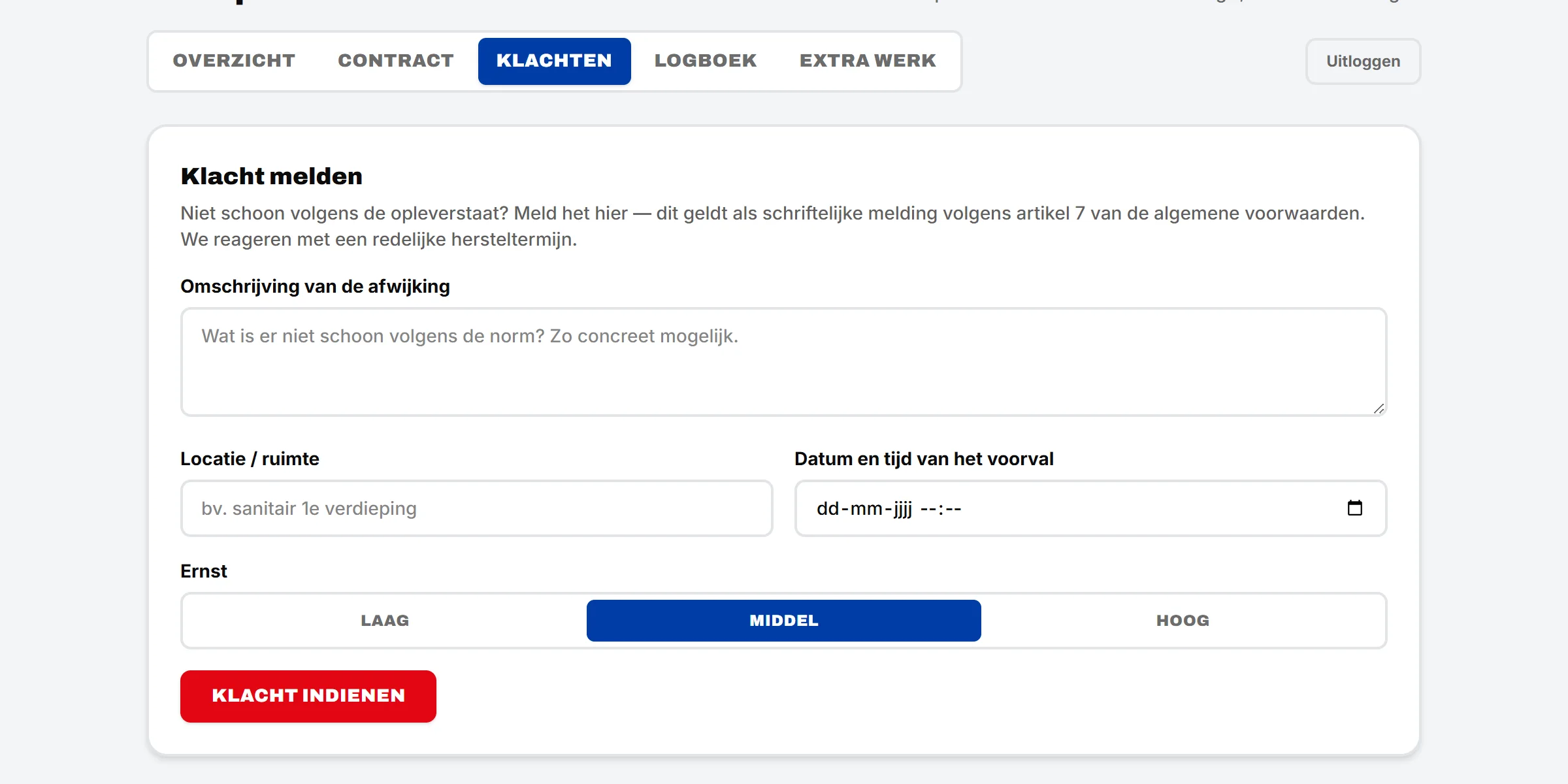 Schermafbeelding van het klantportaal: Klacht melden